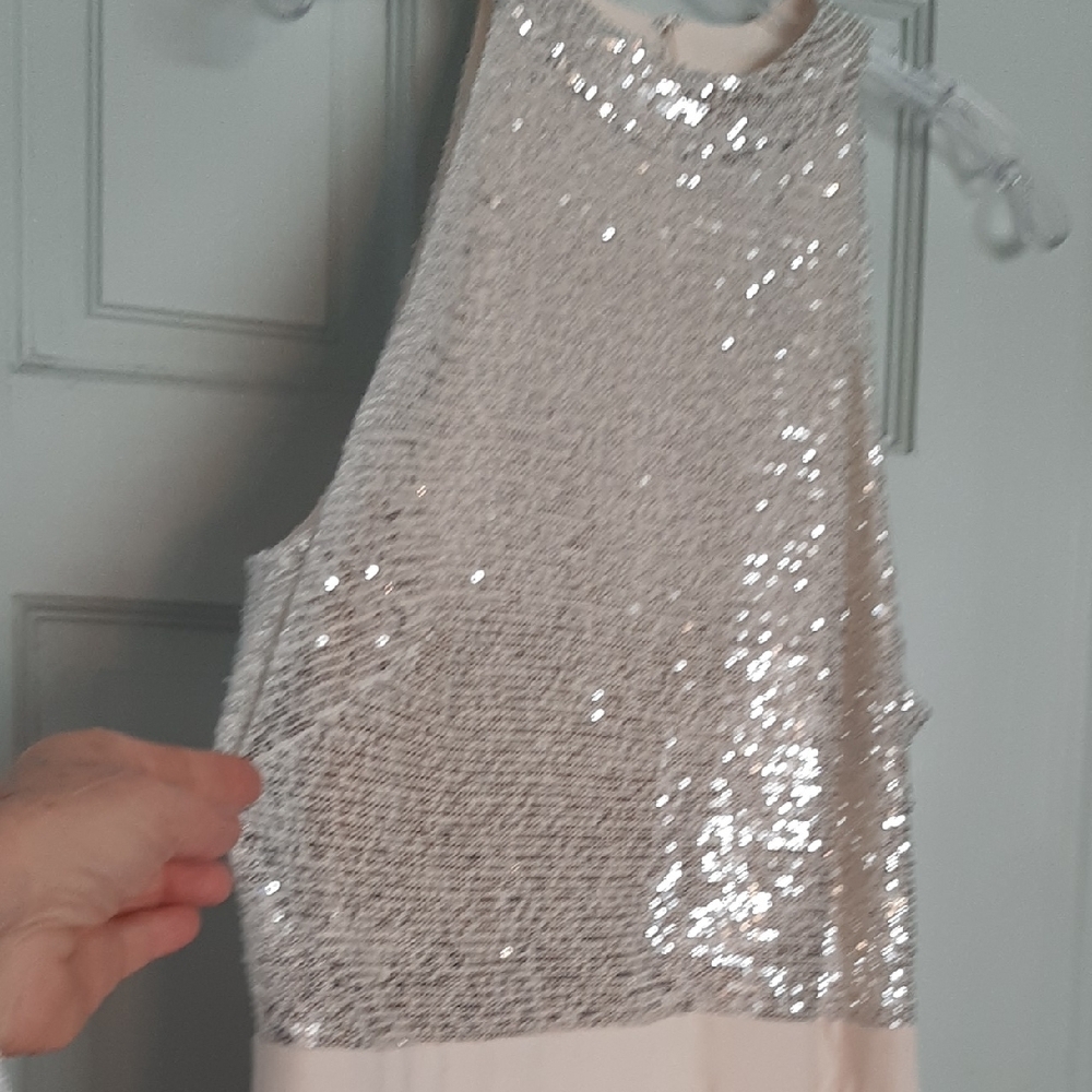 NEW๐MELANIE LYNE๐CREAM Silver Sequin WIDE LEG Jumpsuit with STRETCH Sz ML - Picture 3 of 13